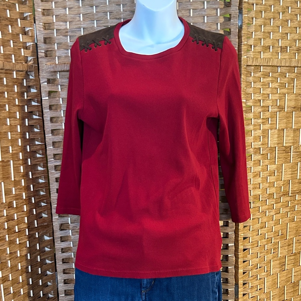 Lauren Ralph Lauren Red Ribbed Top Suede Lace Up Shoulder L Western